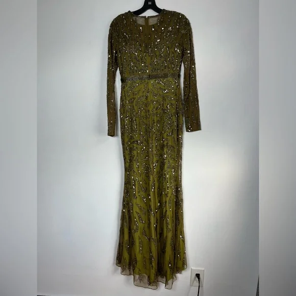 long sleeve green ribbed dress Show Stopping 1960's Olive Green Beaded Evening Gown / SM – Xtabay Vintage